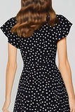 Black and White Polka Dots Long Wedding Guest Dress with Keyhole