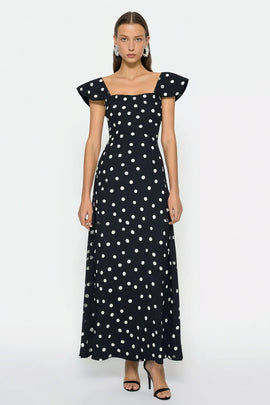 Black and White Polka Dots Cap Sleeves Long Wedding Guest Dress
