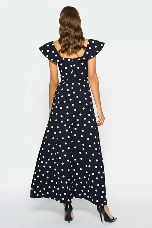 Black and White Polka Dots Cap Sleeves Long Wedding Guest Dress