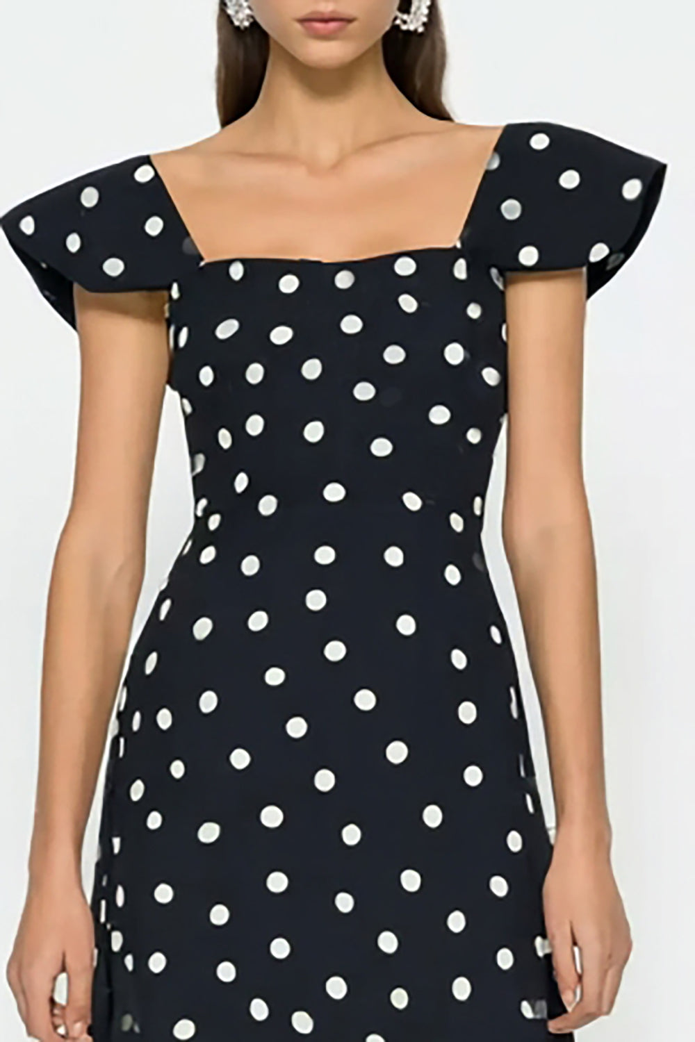 Black and White Polka Dots Cap Sleeves Long Wedding Guest Dress