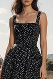 Black and White Polka Dots A Line Thick Straps Long Wedding Guest Dress