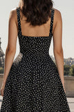 Black and White Polka Dots A Line Thick Straps Long Wedding Guest Dress
