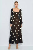 Brown and White Polka Dots Long Wedding Guest Dress with Sleeves