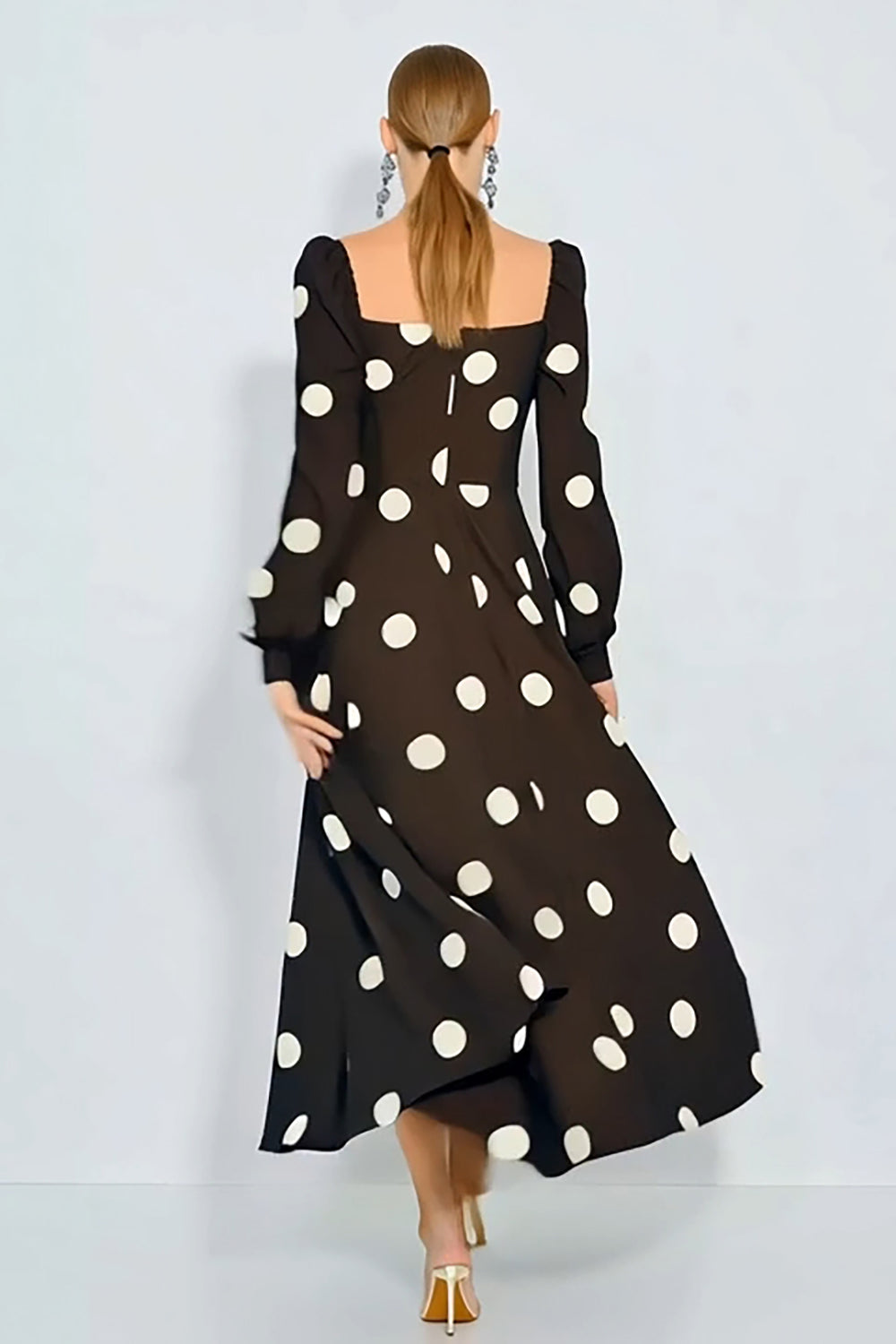 Brown and White Polka Dots Long Wedding Guest Dress with Sleeves
