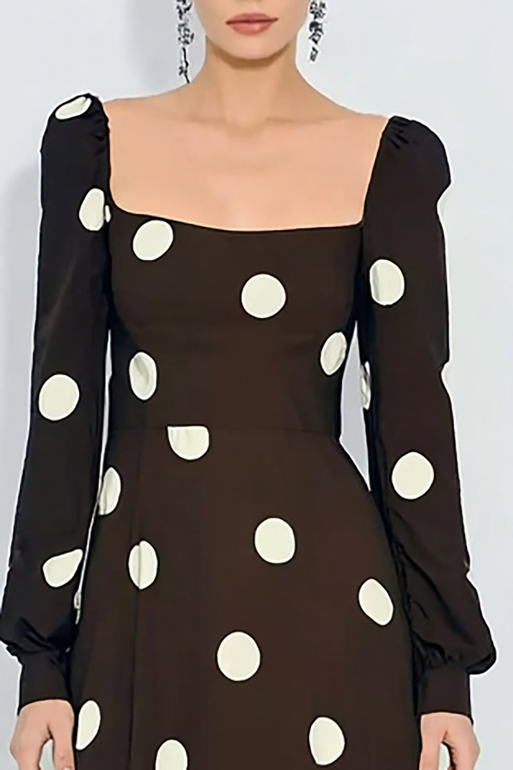 Brown and White Polka Dots Long Wedding Guest Dress with Sleeves