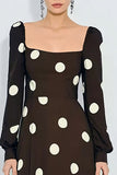 Brown and White Polka Dots Long Wedding Guest Dress with Sleeves