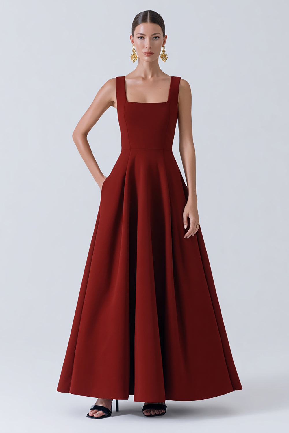 Red Thick Straps A Line Backless Long Wedding Guest Dress