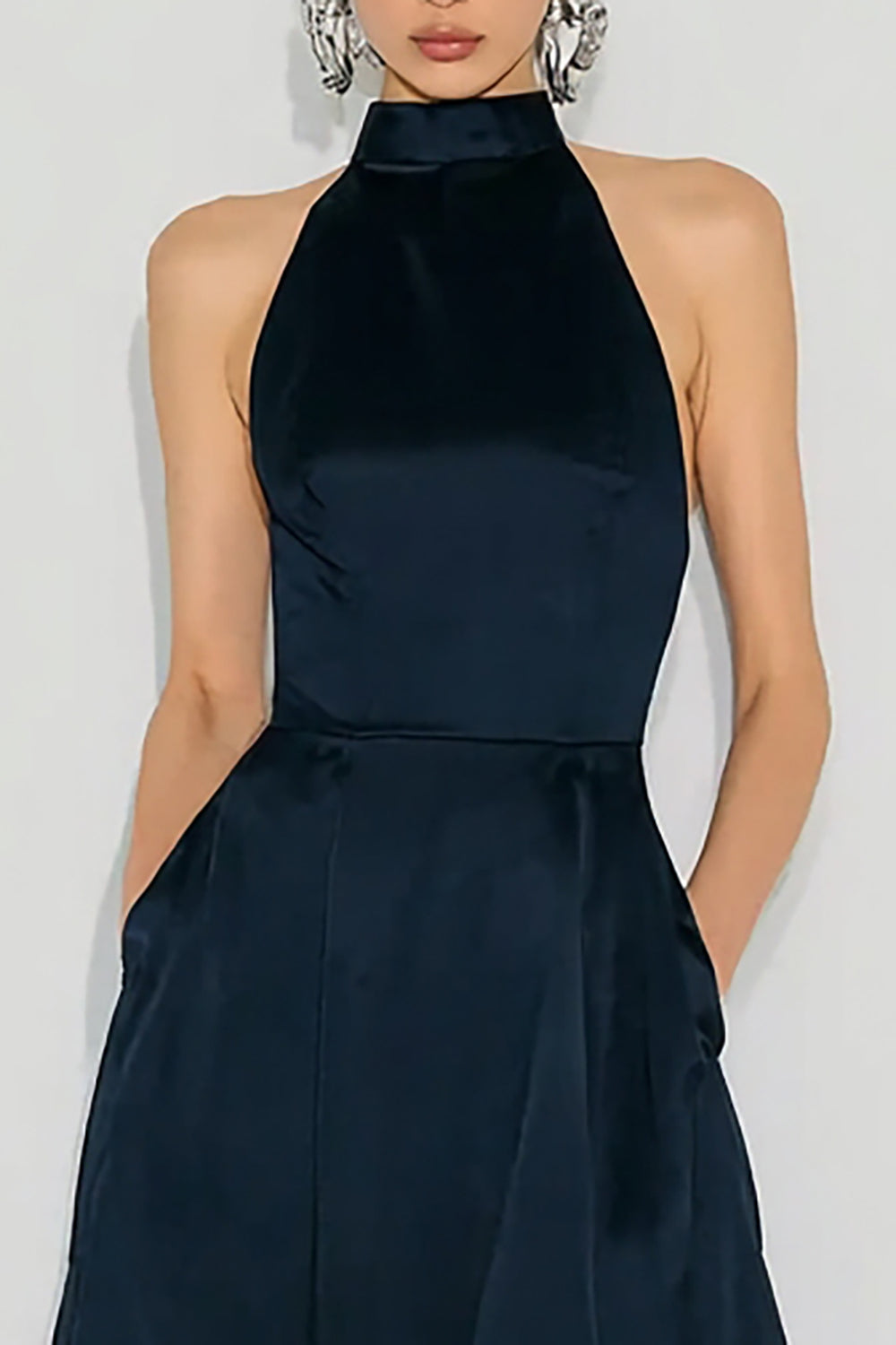 Navy High Neck A Line Long Wedding Guest Dress