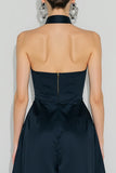 Navy High Neck A Line Long Wedding Guest Dress