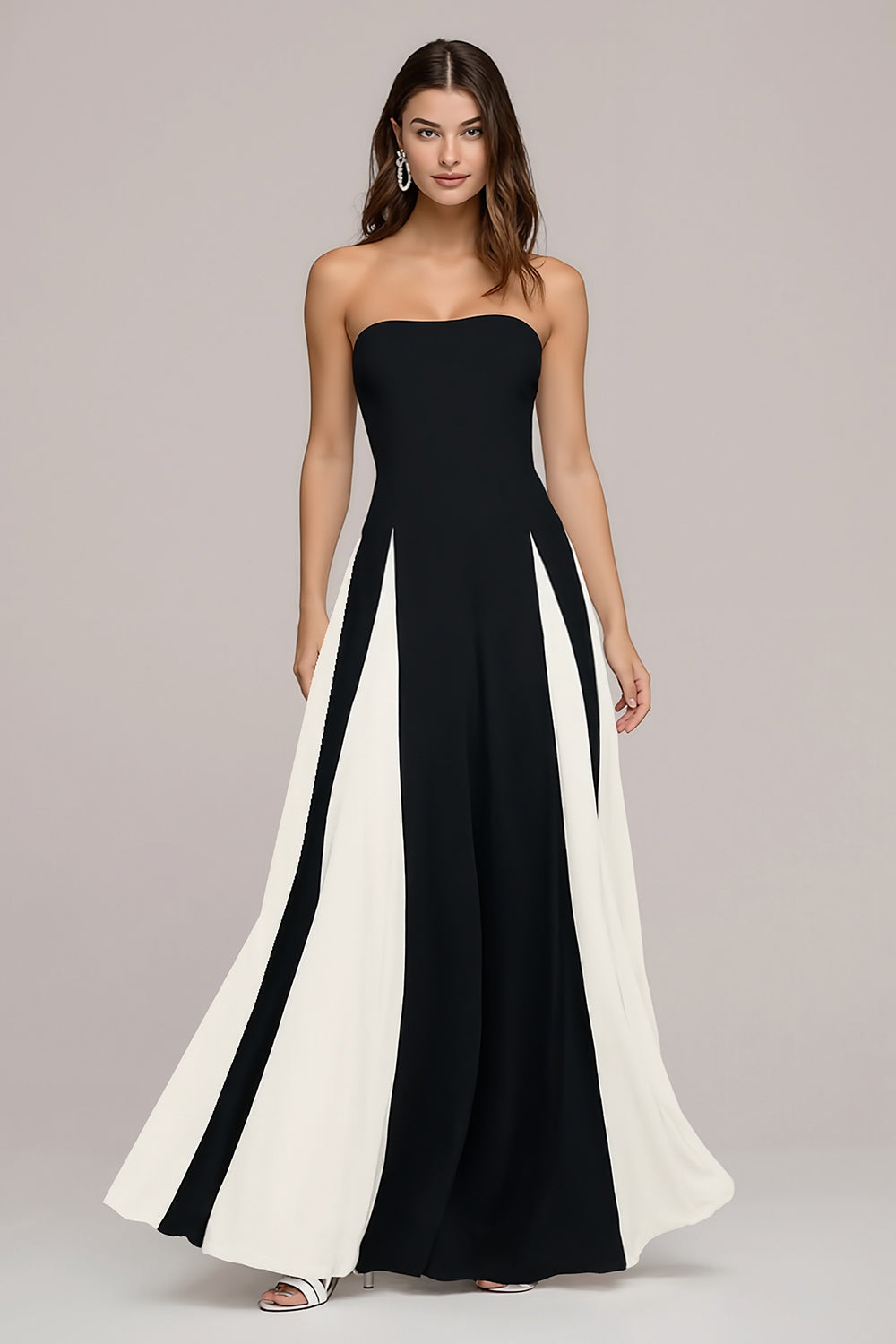 Black and White Strapless A Line Long Wedding Guest Dress