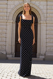 Black and White Polka Dots Sheath Long Wedding Guest Dress with Bows