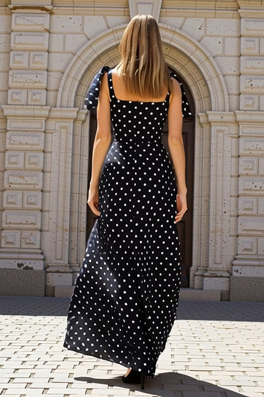 Black and White Polka Dots Sheath Long Wedding Guest Dress with Bows