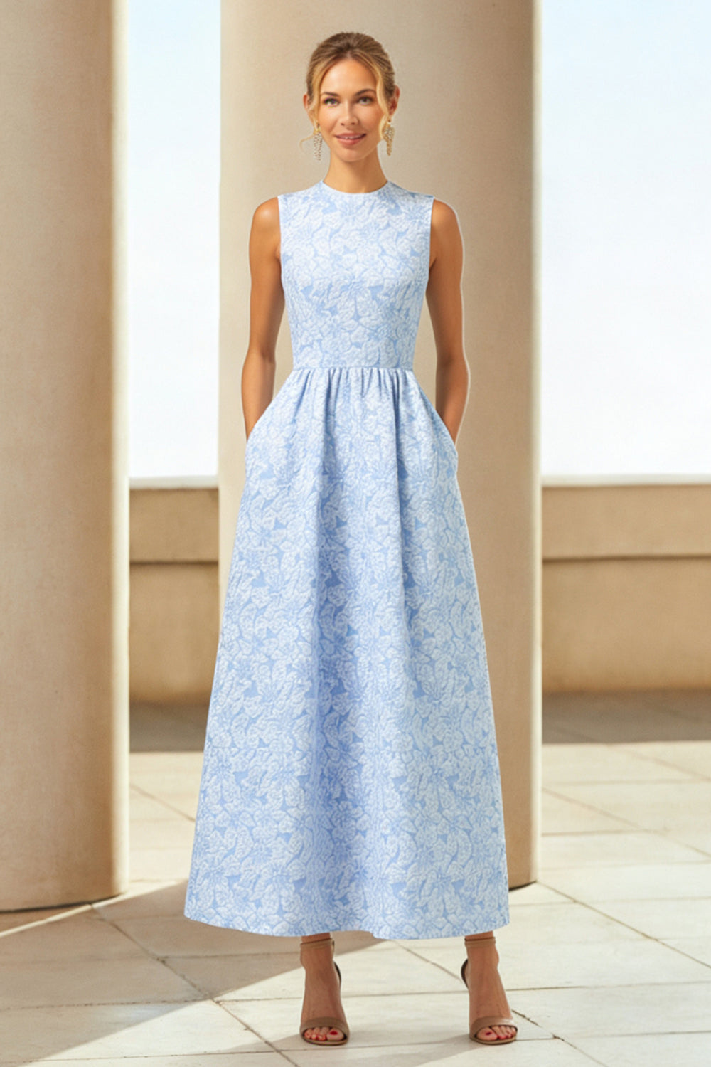 Blue Jacquard Crew Neck A Line Long Wedding Guest Dress