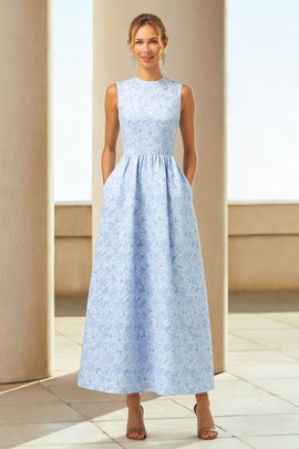 Blue Jacquard Crew Neck A Line Long Wedding Guest Dress