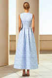 Blue Jacquard Crew Neck A Line Long Wedding Guest Dress
