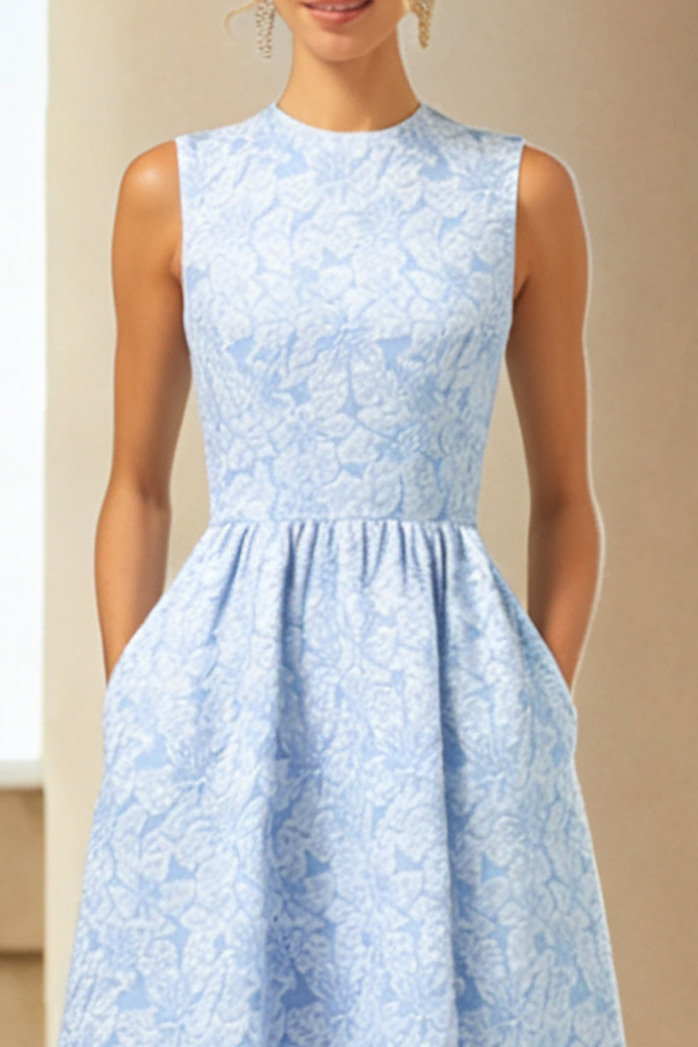 Blue Jacquard Crew Neck A Line Long Wedding Guest Dress