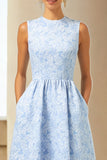 Blue Jacquard Crew Neck A Line Long Wedding Guest Dress