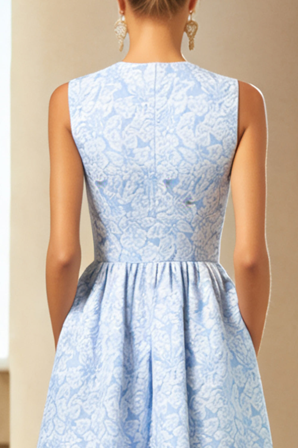 Blue Jacquard Crew Neck A Line Long Wedding Guest Dress