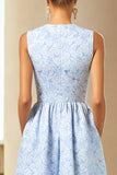 Blue Jacquard Crew Neck A Line Long Wedding Guest Dress