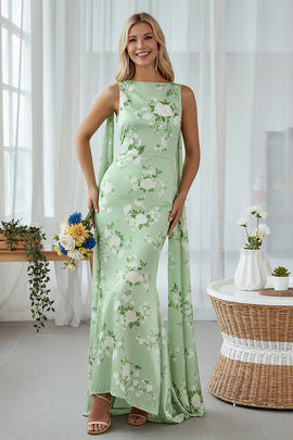 Floral Sage Mermaid Bateau Neck Long Wedding Guest Dress with Cape