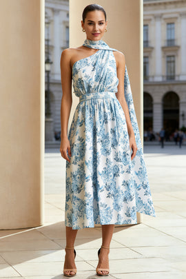 Floral White and Blue One Shoulder A Line Midi Wedding Guest Dress