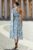 Floral White and Blue One Shoulder A Line Midi Wedding Guest Dress