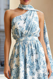 Floral White and Blue One Shoulder A Line Midi Wedding Guest Dress