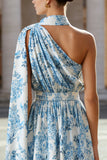 Floral White and Blue One Shoulder A Line Midi Wedding Guest Dress