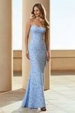 Floral Blue Mermaid Spaghetti Straps Wedding Guest Dress