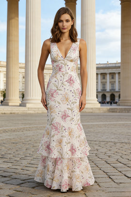 Floral Pink Mermaid V-Neck Long Wedding Guest Dress with Ruffles