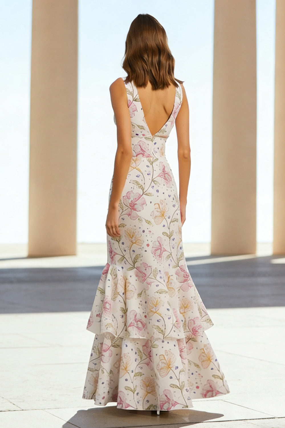 Floral Pink Mermaid V-Neck Long Wedding Guest Dress with Ruffles