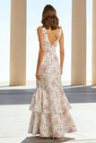 Floral Pink Mermaid V-Neck Long Wedding Guest Dress with Ruffles
