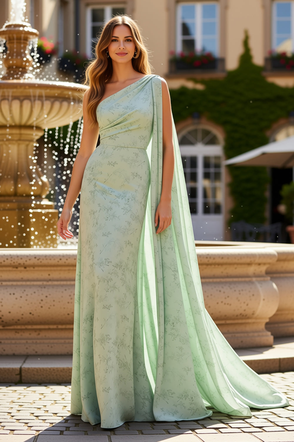 Floral Sage Sheath Long Wedding Guest Dress with Side Cape