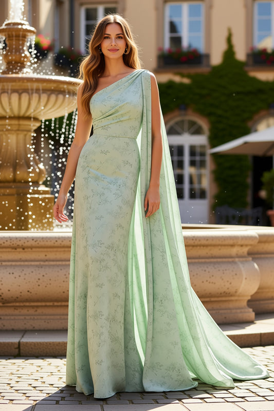 Floral Sage Sheath Long Wedding Guest Dress with Side Cape