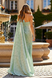 Floral Sage Sheath Long Wedding Guest Dress with Side Cape