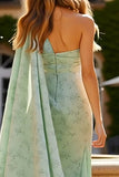 Floral Sage Sheath Long Wedding Guest Dress with Side Cape