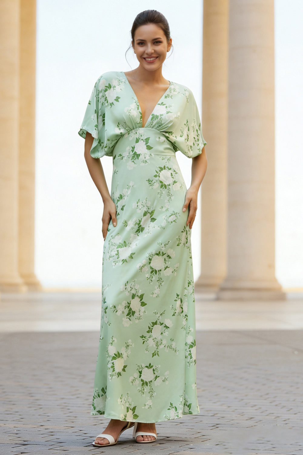 Floral Sage Sheath V-Neck Long Wedding Guest Dress with Sleeves