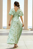 Floral Sage Sheath V-Neck Long Wedding Guest Dress with Sleeves