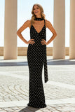 Black and White Polka Dots Spaghetti Straps Mermaid Long Wedding Guest Dress
