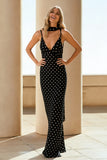 Black and White Polka Dots Spaghetti Straps Mermaid Long Wedding Guest Dress
