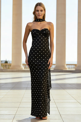 Black and White Polka Dots Sweetheart Long Wedding Guest Dress