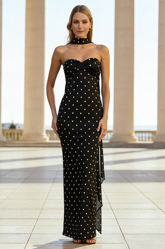 Black and White Polka Dots Sweetheart Long Wedding Guest Dress