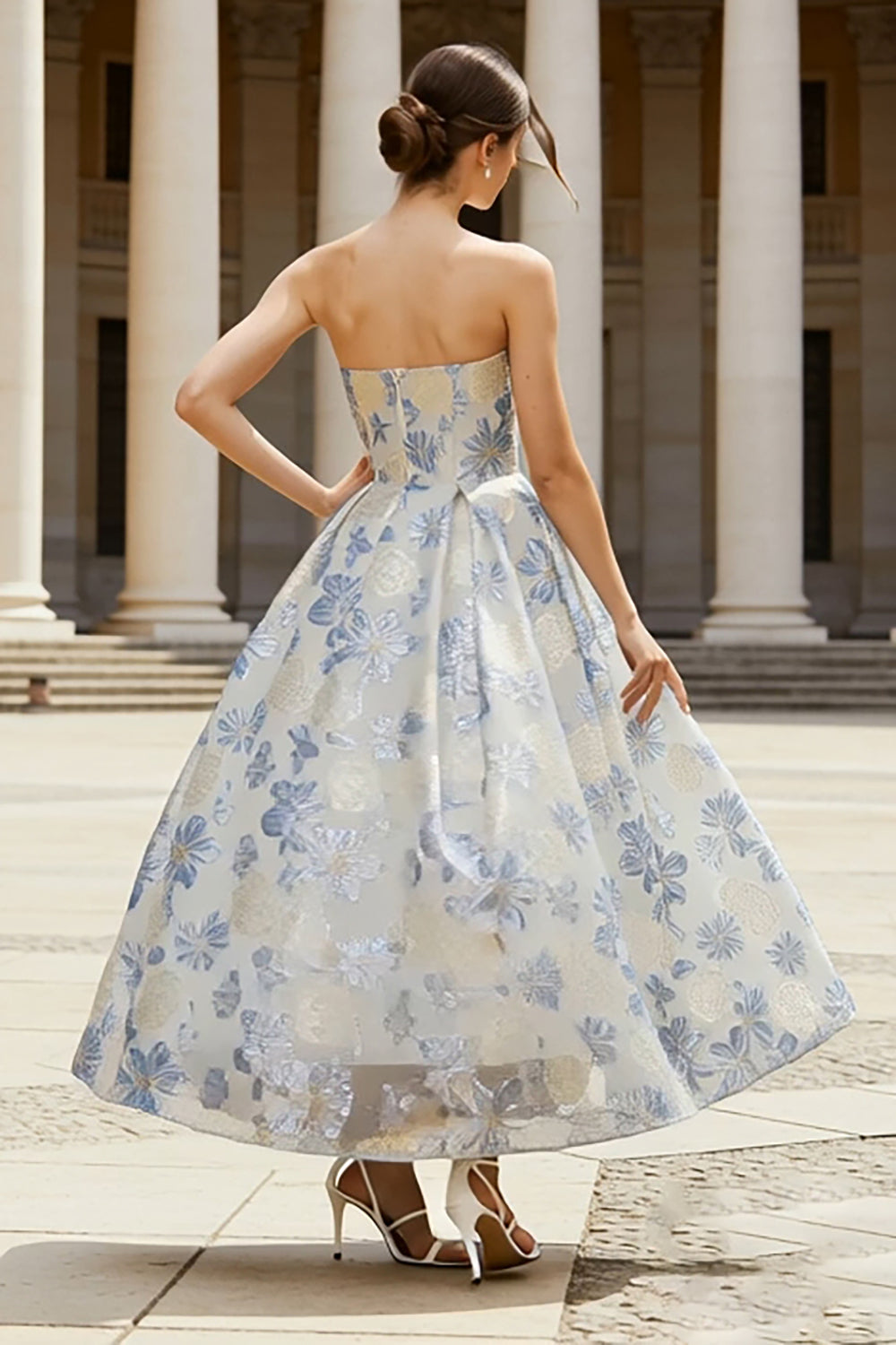 Zapakasa Women Floral Dusty Blue Jacquard Long Corset Wedding Guest