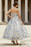 Floral Dusty Blue A Line Jacquard Long Corset Wedding Guest Dress