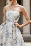 Floral Dusty Blue A Line Jacquard Long Corset Wedding Guest Dress