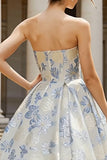 Floral Dusty Blue A Line Jacquard Long Corset Wedding Guest Dress