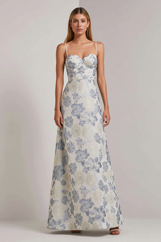 Floral Dusty Blue Jacquard Spaghetti Straps Long Wedding Guest Dress
