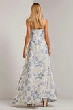 Floral Dusty Blue Jacquard Spaghetti Straps Long Wedding Guest Dress