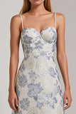 Floral Dusty Blue Jacquard Spaghetti Straps Long Wedding Guest Dress