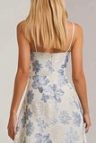 Floral Dusty Blue Jacquard Spaghetti Straps Long Wedding Guest Dress